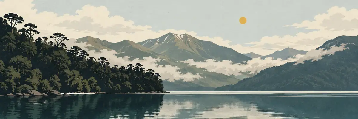 Screen-print illustration of Lake Brunner beneath the forested ranges, Grey District