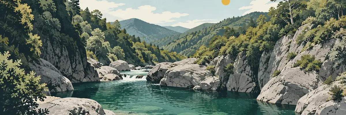 Screen-print illustration of the clear Wairoa River swimming holes in the gorge above Brightwater