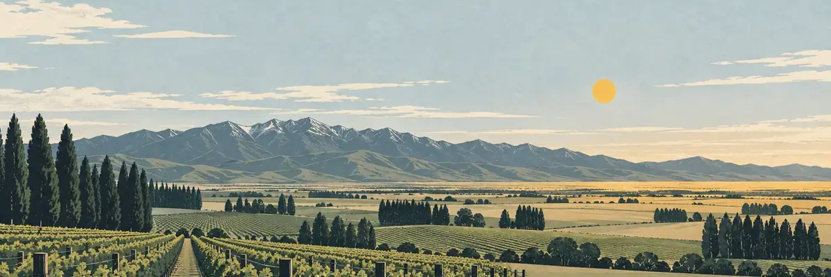 Screen-print illustration of the Canterbury Plains vineyards and shelterbelts beneath the foothills, West Melton