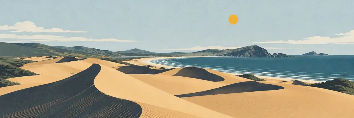 Screen-print illustration of the vast wind-sculpted dunes of Te Paki, Far North District