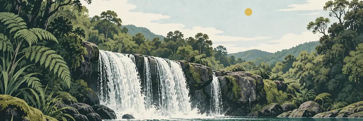 Screen-print illustration of Coal Creek Falls, Rūnanga