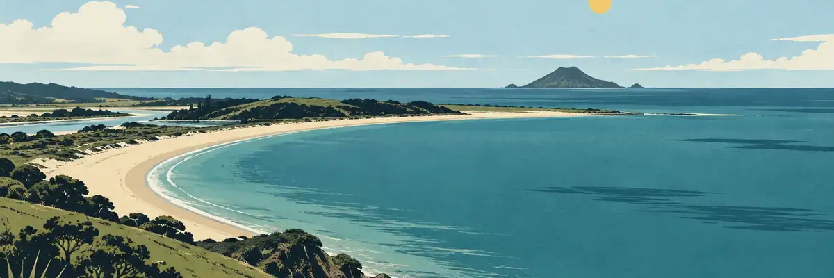 Screen-print illustration of Bowentown Headland above the sheltered bay, Waihī Beach-Bowentown