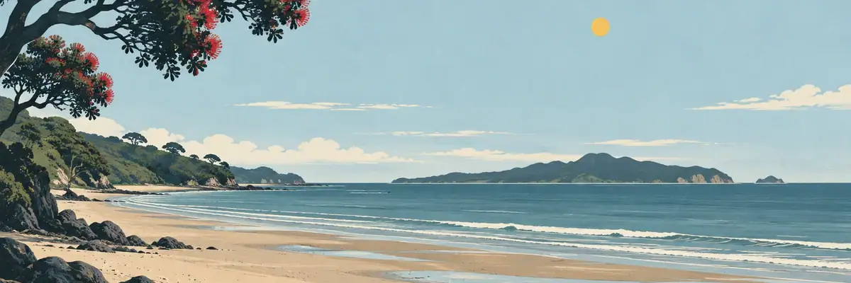 Screen-print illustration of the long sheltered beach looking toward Kawau Island, Snells Beach