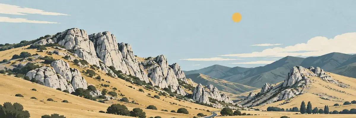 Screen-print illustration of the limestone outcrops of Weka Pass, Hurunui District
