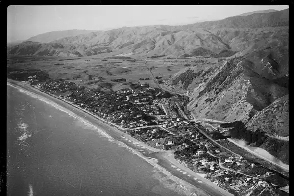 Aerial view of Paekakariki, Kapiti Coast, ca 1920s-1940s