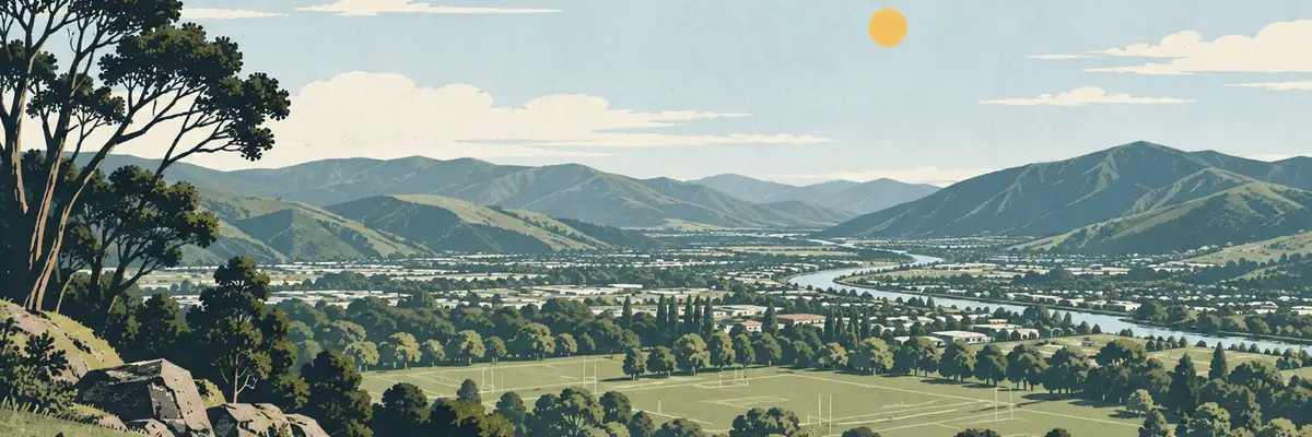 Screen-print illustration of Maidstone Park and its hilltop lookout, Upper Hutt