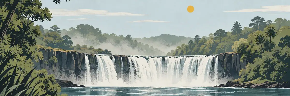 Screen-print illustration of the horseshoe-shaped falls on the Waitangi River, Haruru