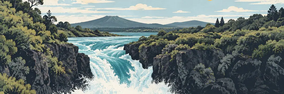 Screen-print illustration of the Waikato River surging through the narrow rock channel at Huka Falls, Taupō District