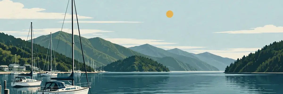 Screen-print illustration of the sheltered Picton waterfront opening into Queen Charlotte Sound