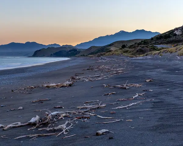 Black sand beach north of Kaikoura, Canterbury, New Zealand