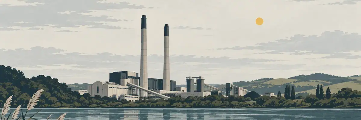 Screen-print illustration of the tall stacks of Huntly Power Station beside the Waikato River
