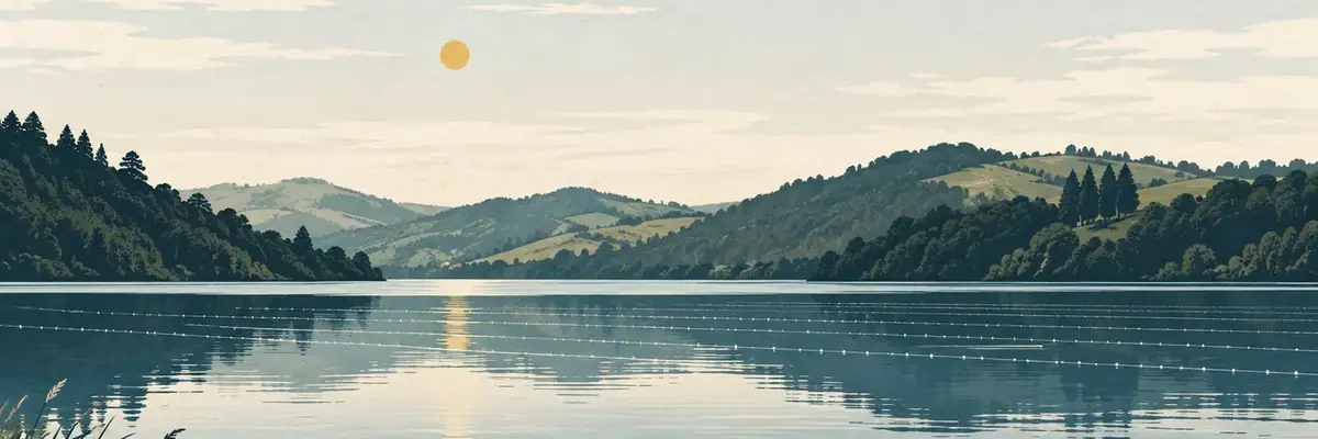 Screen-print illustration of the calm rowing waters of Lake Karāpiro below its green hills, Waipā District