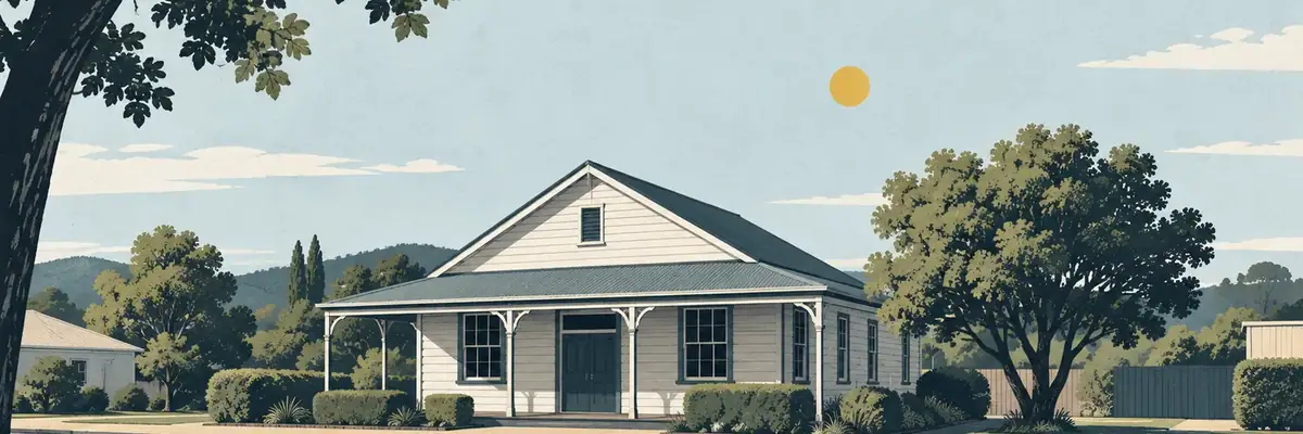 Screen-print illustration of the historic Kihikihi Town Hall on the main street