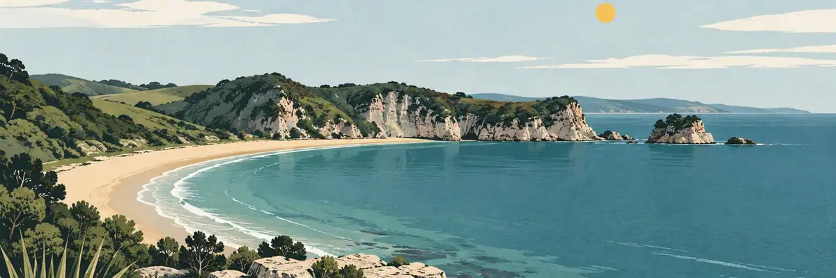 Screen-print illustration of the sheltered curve of Waipū Cove and its limestone coast