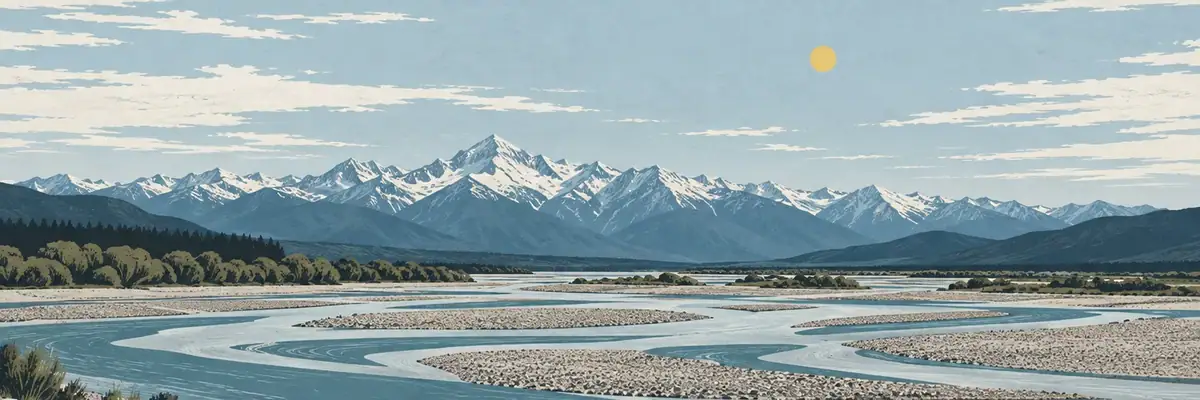 Screen-print illustration of the braided Waimakariri River below the Southern Alps